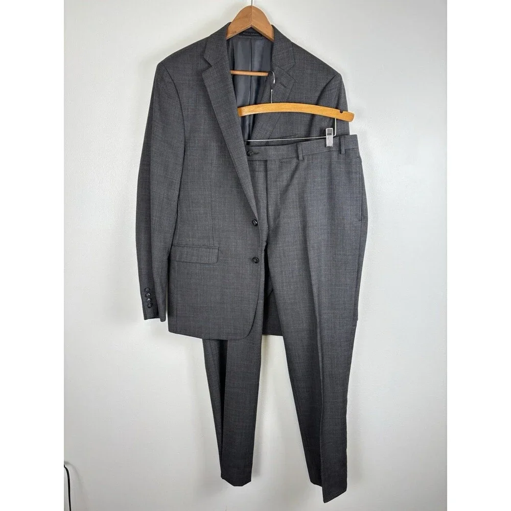 Calvin Klein 2 Piece Suit Mens 42L Gray Wool Jacket Pants Wedding Career 37x31.5